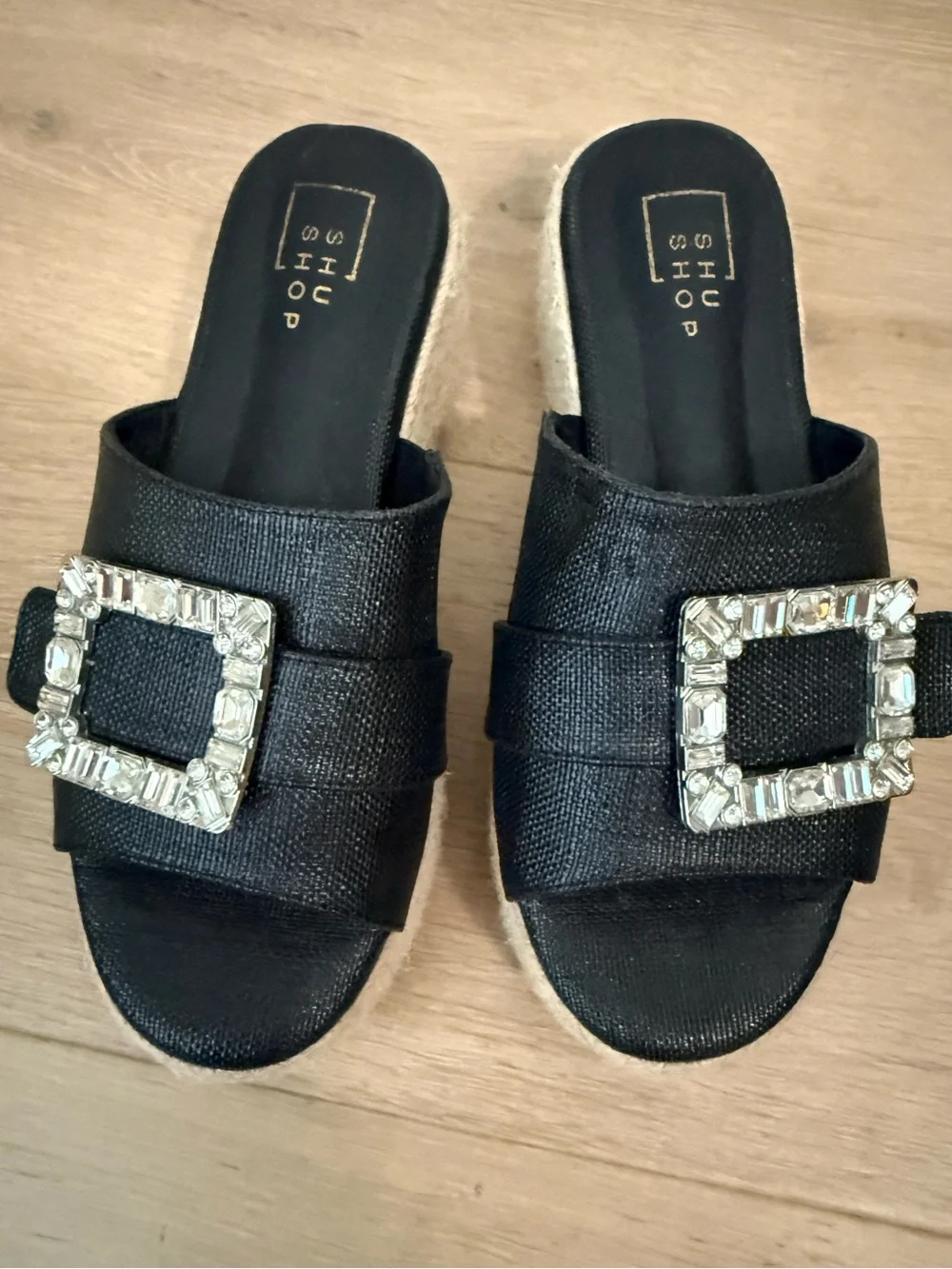 ShuShop Black Jeweled Buckle Wedge Slides